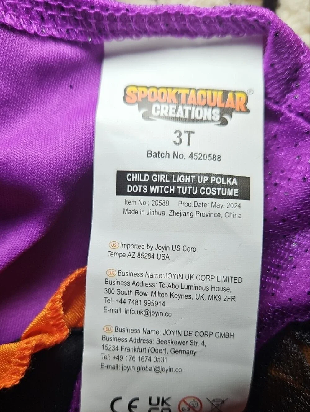 Kids Purple & Orange Bat Witch Costume Halloween Party Dress New 3T